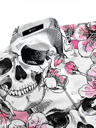 Adaychic Men's Hawaiian Skull And Floral Pattern Short Sleeve Shirt with Chest Pocket