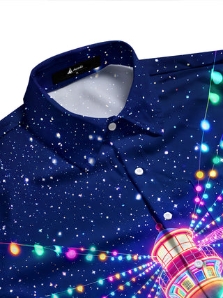 Adaychic Men's Graphic Neon Lighthouse Print Long Sleeve Shirt with Chest Pocket