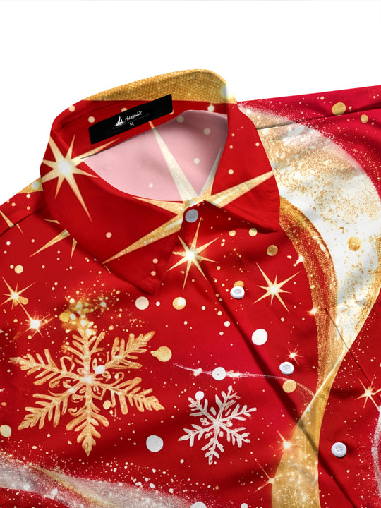 Adaychic Men's Abstract Snowflakes And Gold Swirls Print Long Sleeve Shirt with Chest Pocket