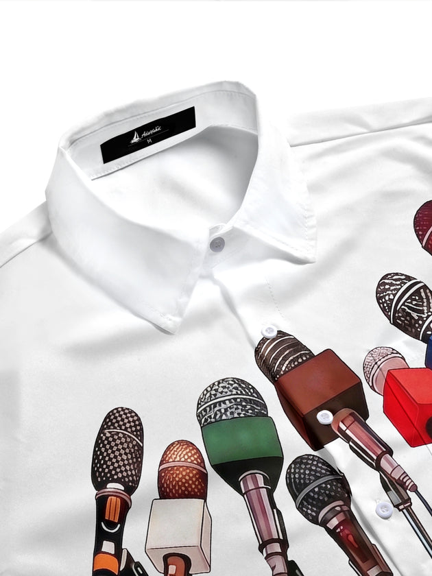 Adaychic Men's Printed Microphone Array Print Short Sleeve Shirt with Chest Pocket