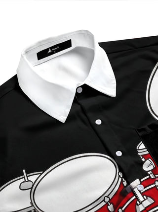Adaychic Men's Graphic Drum Set Print Short Sleeve Shirt with Chest Pocket