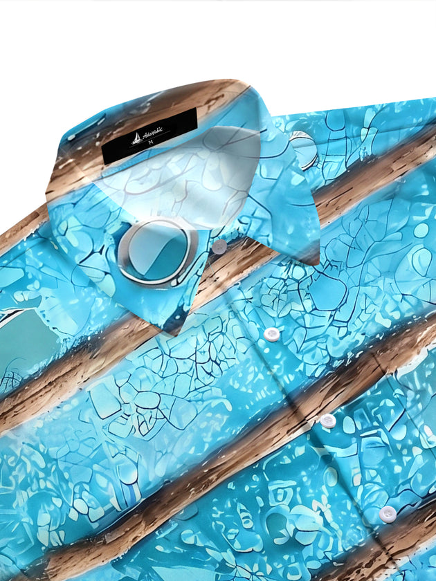 Adaychic Men's Hawaiian Blue Water Texture Print Short Sleeve Shirt with Chest Pocket
