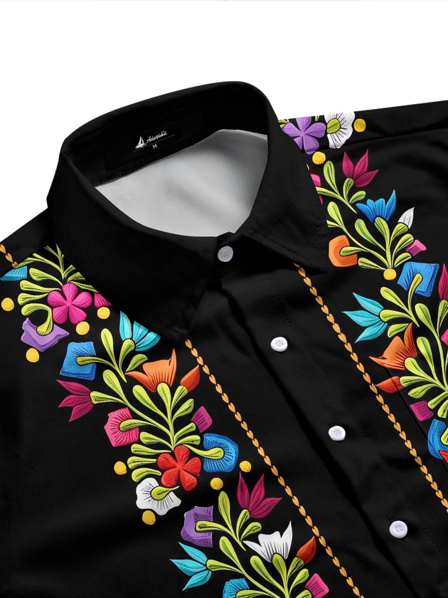 Adaychic Men's Floral Colorful Floral Embroidery Print Long Sleeve Shirt with Chest Pocket