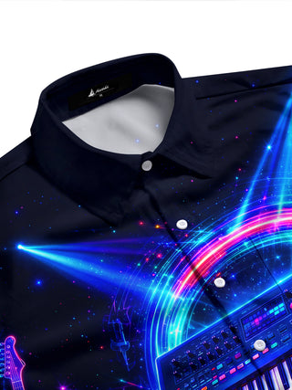 Adaychic Men's Long Sleeve Stand Collar Shirt - Neon Synthesizer Keyboard And Musical Instruments Print