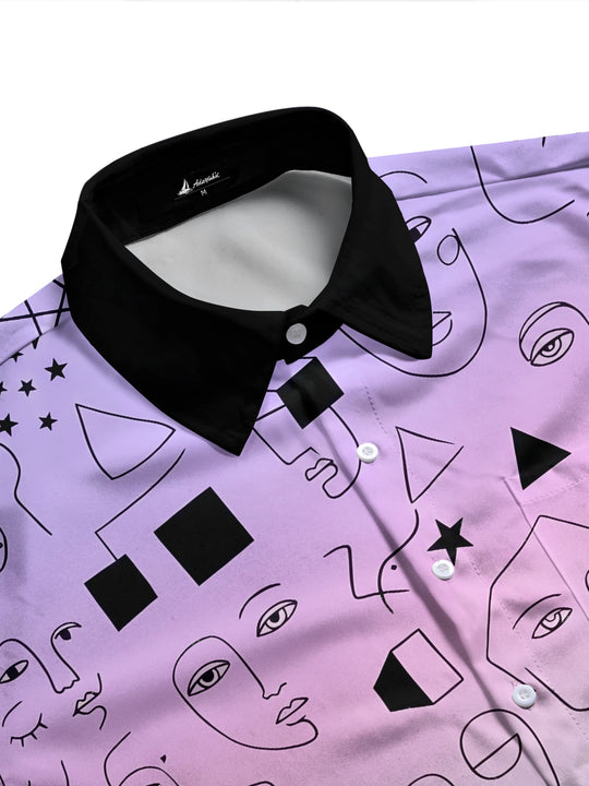 Adaychic Men's Long Sleeve Shirt - Abstract Line Art Faces And Geometric Shapes Print with Chest Pocket