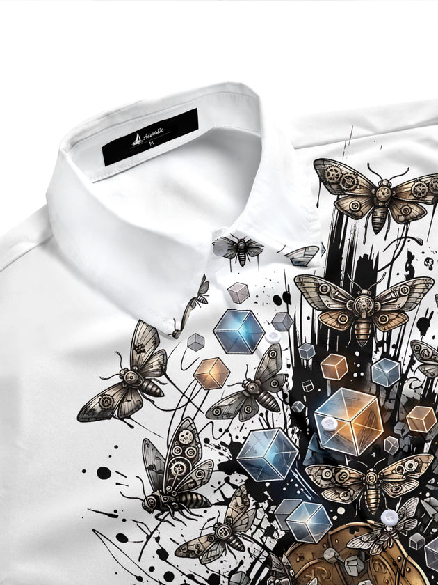 Adaychic Men's Vintage Gramophone Print Short Sleeve Shirt with Chest Pocket