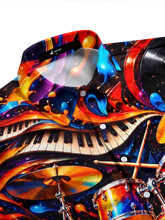 Adaychic Men's Drum Set Piano Keys And Vinyl Records Print Long Sleeve Shirt with Chest Pocket