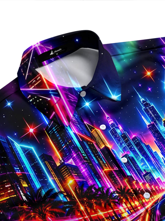 Adaychic Men's Graphic Neon Sports Car And City Skyline Print Long Sleeve Shirt with Chest Pocket