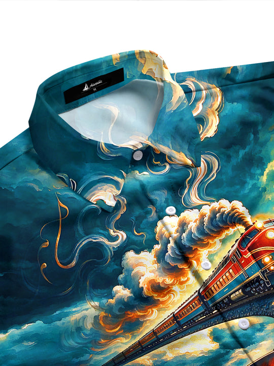 Adaychic Men's Graphic Guitar And Steam Train Print Long Sleeve Shirt with Chest Pocket