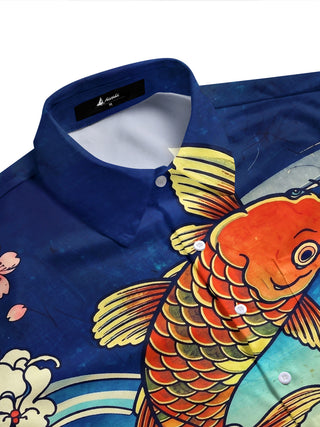 Adaychic Men's Hawaiian Koi Fish Print Ocean Waves Print Short Sleeve Shirt with Chest Pocket
