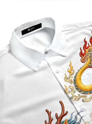 Adaychic Men's Graphic Chinese Dragon Print Short Sleeve Shirt with Chest Pocket