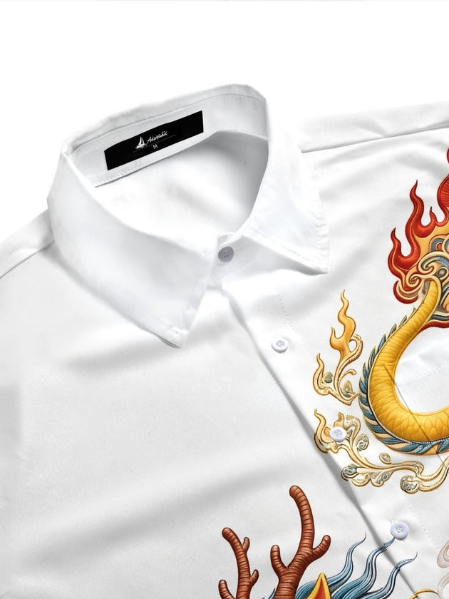 Adaychic Men's Graphic Chinese Dragon Print Short Sleeve Shirt with Chest Pocket
