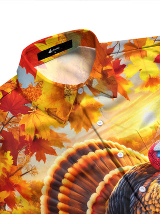 Adaychic Men's Long Sleeve Shirt - Thanksgiving Turkey And Harvest Cornucopia Print with Chest Pocket