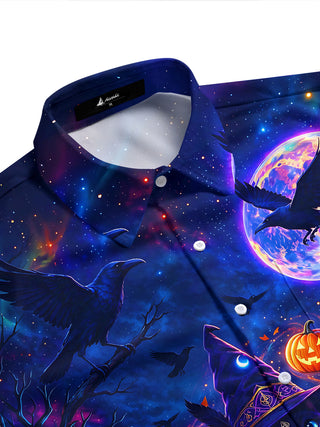 Adaychic Men's Halloween Black Cat And Pumpkins Print Short Sleeve Shirt with Chest Pocket