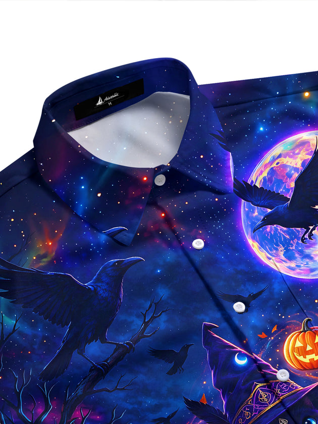 Adaychic Men's Halloween Black Cat And Pumpkins Print Short Sleeve Shirt with Chest Pocket