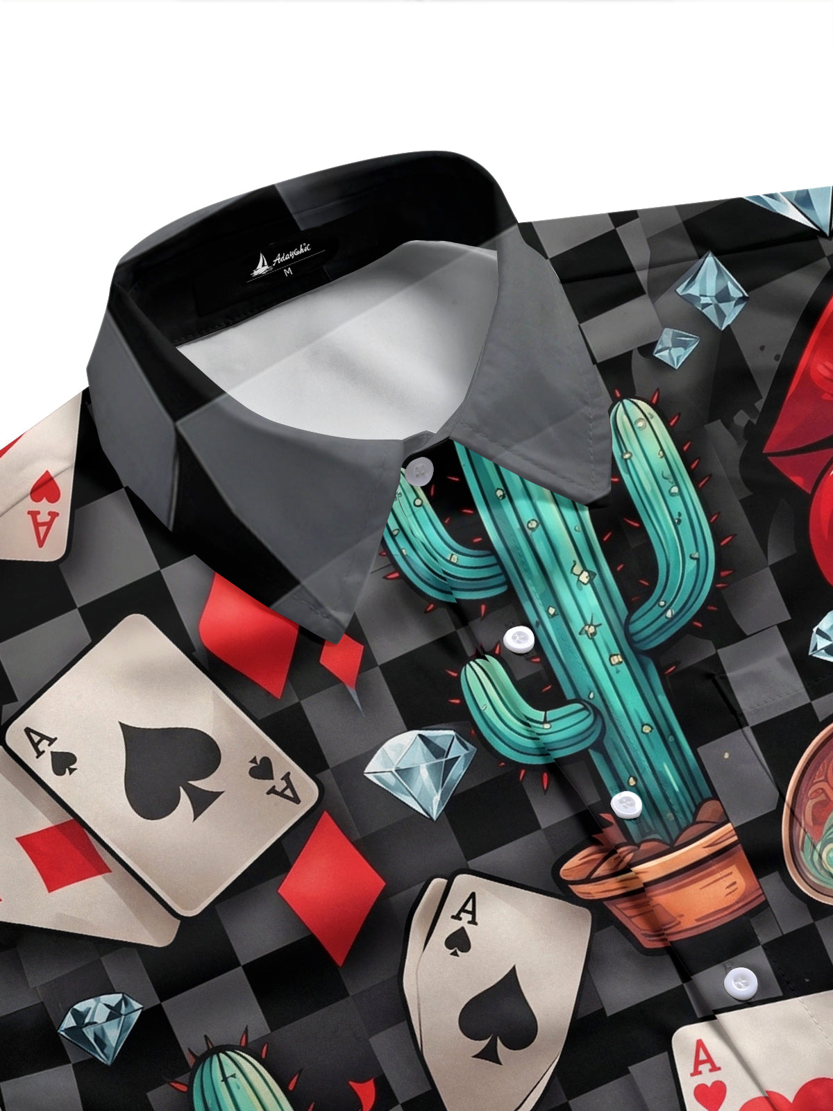 Adaychic Men's Graphic Poker Cards And Red Lips Print Short Sleeve Shirt with Chest Pocket