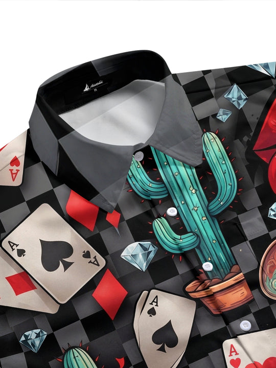Adaychic Men's Graphic Poker Cards And Red Lips Print Short Sleeve Shirt with Chest Pocket