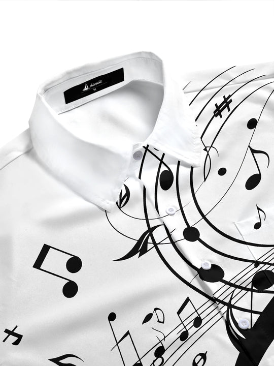 Adaychic Men's Graphic Musical Notes Print Short Sleeve Shirt with Chest Pocket