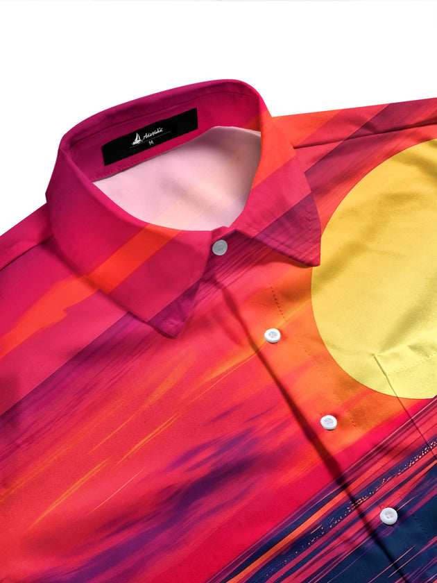 Adaychic Men's Hawaiian Sunset Over Ocean Print Long Sleeve Shirt with Chest Pocket
