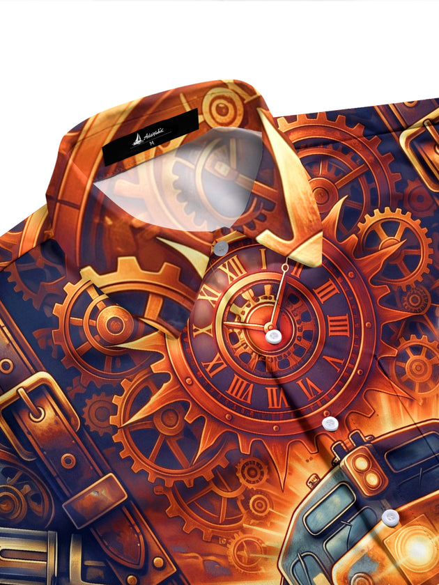 Adaychic Men's Graphic Steampunk Train And Gears Print Long Sleeve Shirt with Chest Pocket