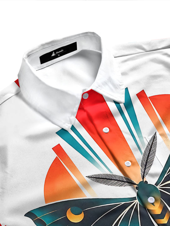 Adaychic Men's Luna Moth With Geometric Sun And Stripes Print Long Sleeve Shirt with Chest Pocket