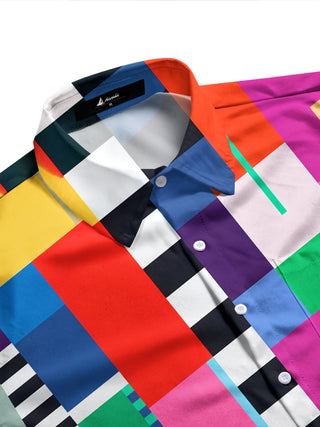 Adaychic Men's Patterned Colorful Geometric Blocks Print Long Sleeve Shirt with Chest Pocket