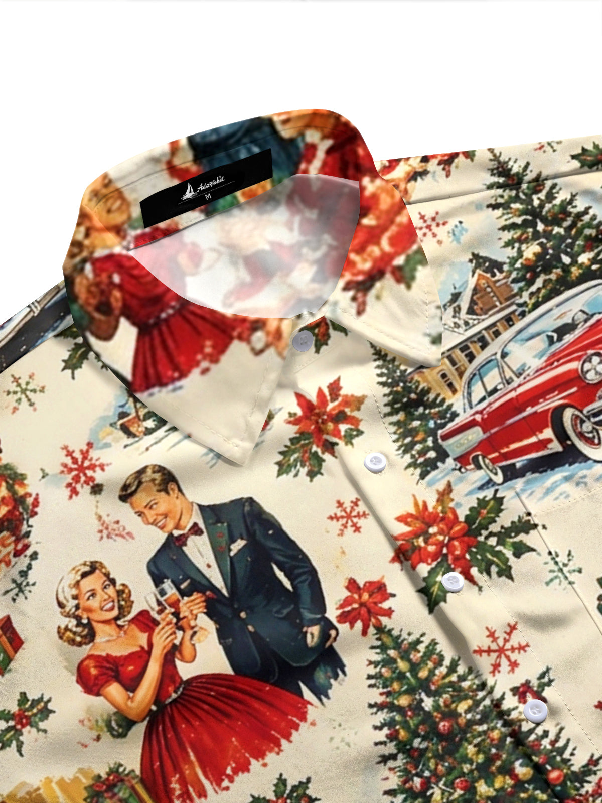 Adaychic Men's Long Sleeve Shirt - Vintage Christmas Scenes With Santa Claus And Families Print with Chest Pocket