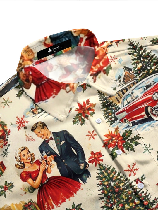 Adaychic Men's Long Sleeve Shirt - Vintage Christmas Scenes With Santa Claus And Families Print with Chest Pocket