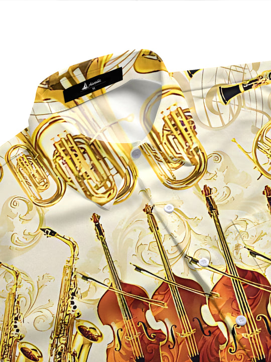 Adaychic Men's Vintage Style Musical Instruments Pattern Short Sleeve Shirt with Chest Pocket