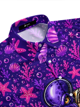 Adaychic Men's Hawaiian Disco Octopus Print Short Sleeve Shirt with Chest Pocket