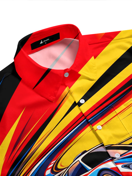 Adaychic Men's Short Sleeve Stand Collar Shirt - Racing Sports Car And Checkered Flag Print with Chest Pocket