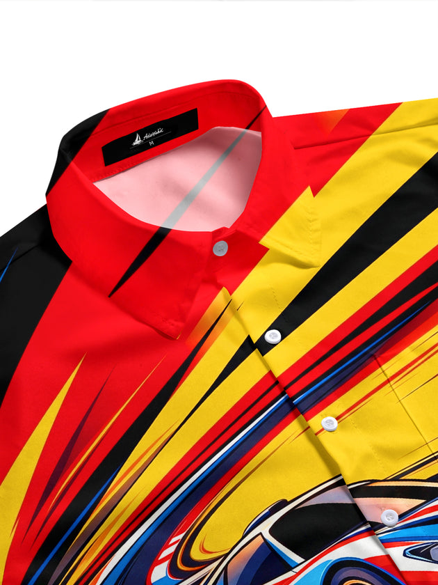 Adaychic Men's Short Sleeve Stand Collar Shirt - Racing Sports Car And Checkered Flag Print with Chest Pocket