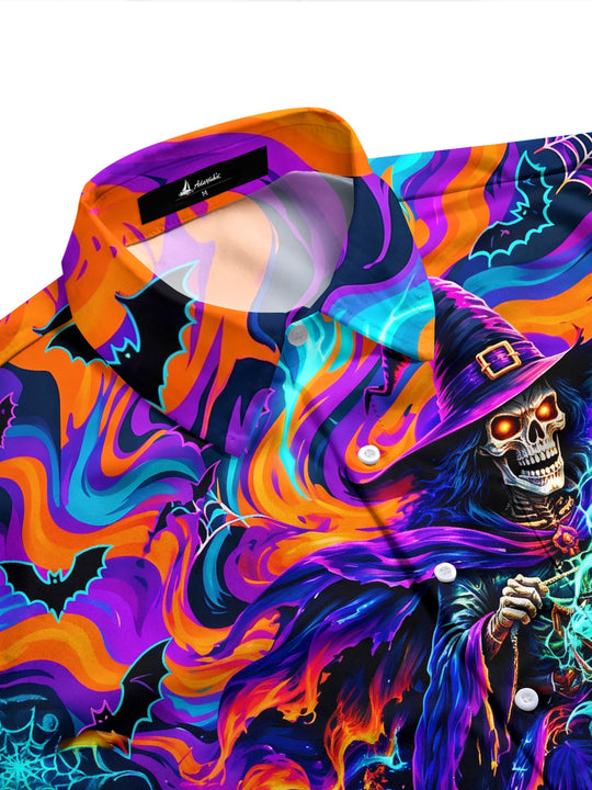 Adaychic Men's Halloween Skeleton Wizard On Ghost Horse Print Long Sleeve Shirt with Chest Pocket