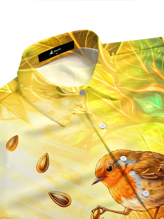 Adaychic Men's Graphic Steampunk Sunflower And Robin Print Short Sleeve Shirt with Chest Pocket