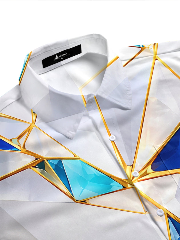 Adaychic Men's Short Sleeve Shirt - Geometric Crystal Facets With Gold Lines Print with Chest Pocket