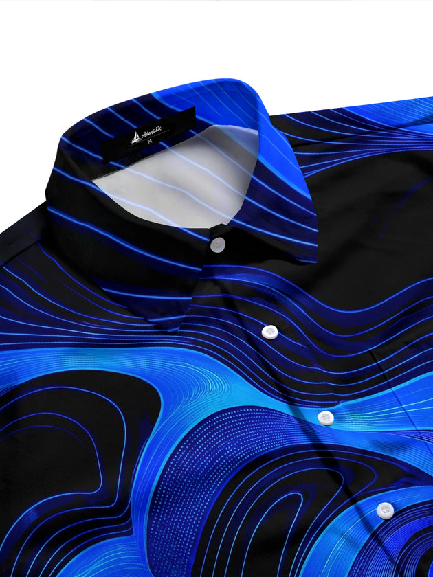 Adaychic Men's Abstract Abstract Blue And Black Swirl Pattern Long Sleeve Shirt with Chest Pocket