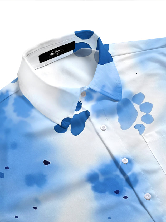 Adaychic Men's Tie Dye Blue Paw Print Tie Dye Pattern Short Sleeve Shirt with Chest Pocket