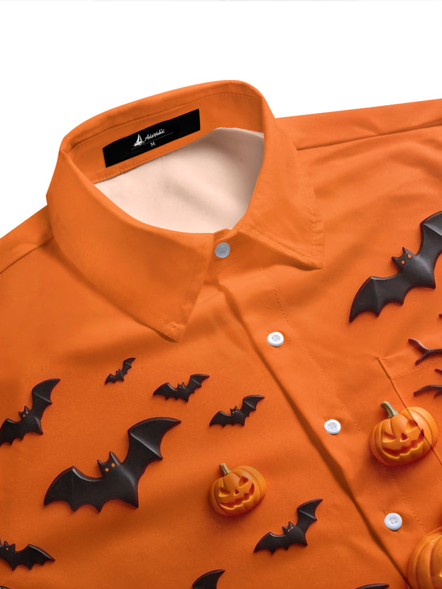 Adaychic Men's Graphic Halloween Pumpkins Print Bats Print Short Sleeve Shirt with Chest Pocket