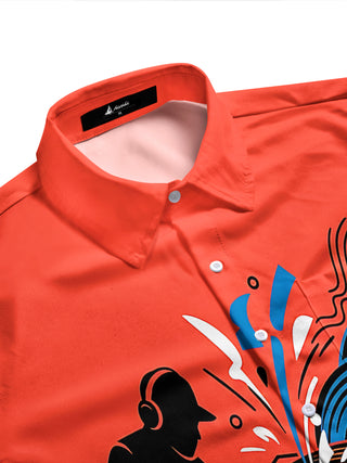 Adaychic Men's Graphic DJ Silhouette And Vinyl Records Print Long Sleeve Shirt with Chest Pocket