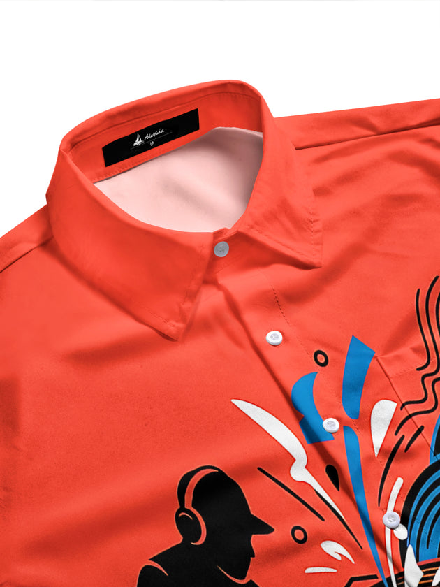 Adaychic Men's Graphic DJ Silhouette And Vinyl Records Print Long Sleeve Shirt with Chest Pocket