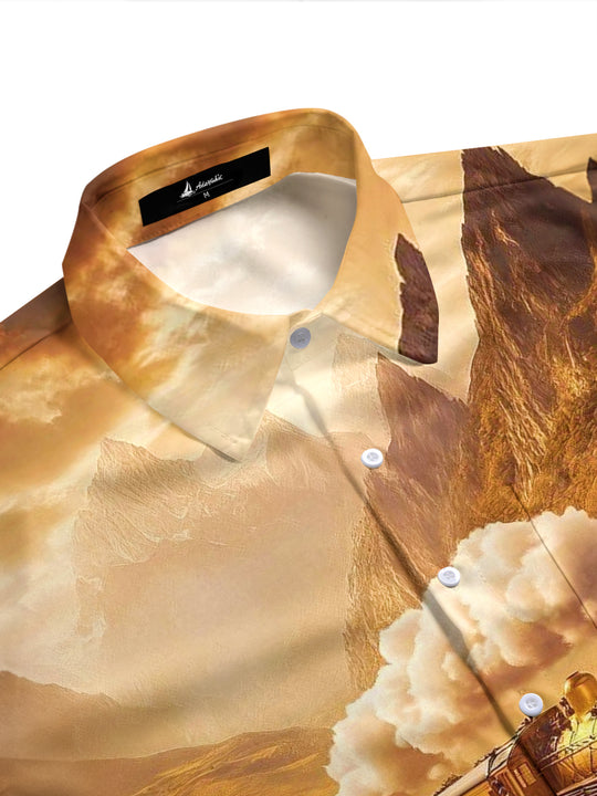 Adaychic Men's Vintage Style Vintage Steam Train Print Short Sleeve Shirt with Chest Pocket