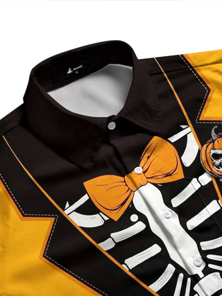 Adaychic Men's Graphic Skeleton Tuxedo Print Long Sleeve Shirt with Chest Pocket