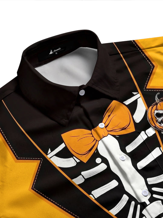 Adaychic Men's Graphic Skeleton Tuxedo Print Long Sleeve Shirt with Chest Pocket