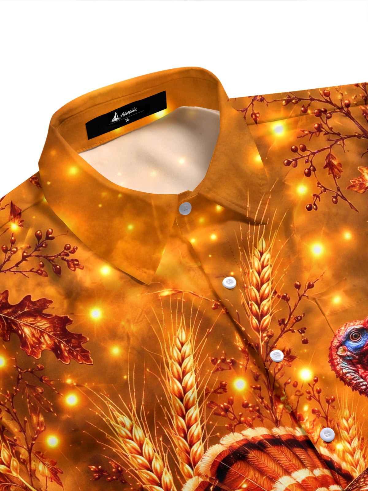Adaychic Men's Short Sleeve Stand Collar Shirt - Thanksgiving Turkey With Wheat And Acorns Print with Chest Pocket