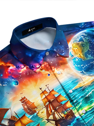 Adaychic Men's Graphic Sailing Ships Print Ocean Waves Print Long Sleeve Shirt with Chest Pocket