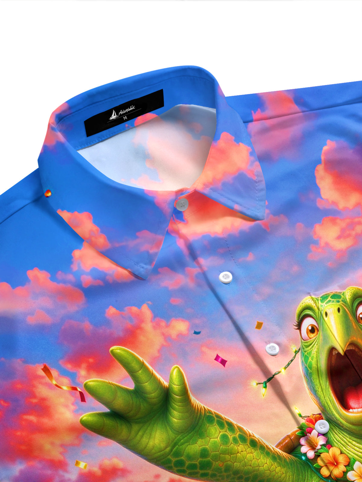 Adaychic Men's Short Sleeve Shirt - Animated Turtle With Hawaiian Lei And Sunset Seascape Print with Chest Pocket