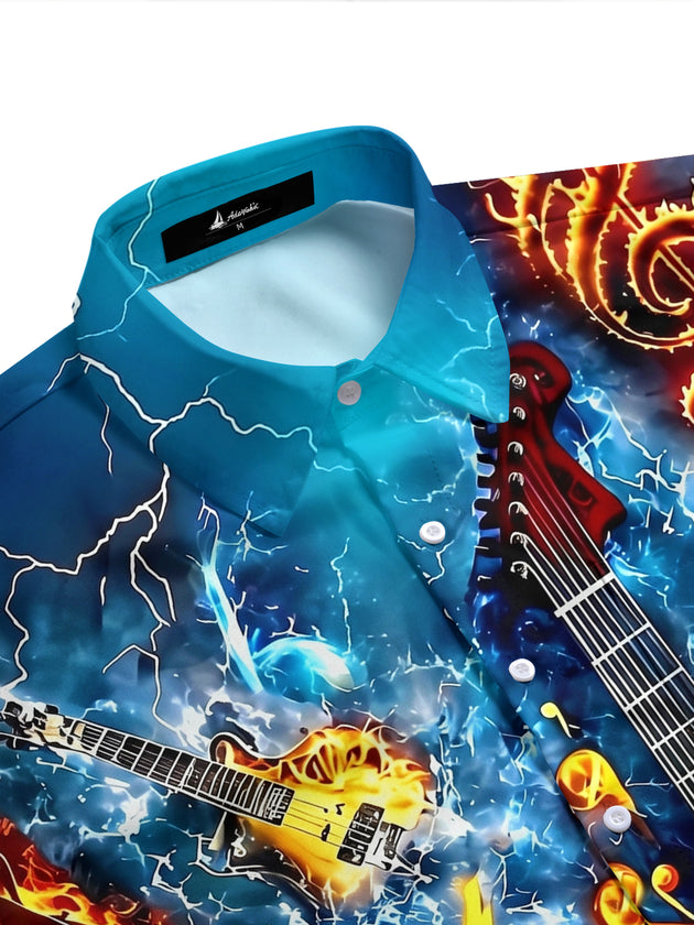 Adaychic Men's Hawaiian Electric Guitar Fire Print Short Sleeve Shirt with Chest Pocket