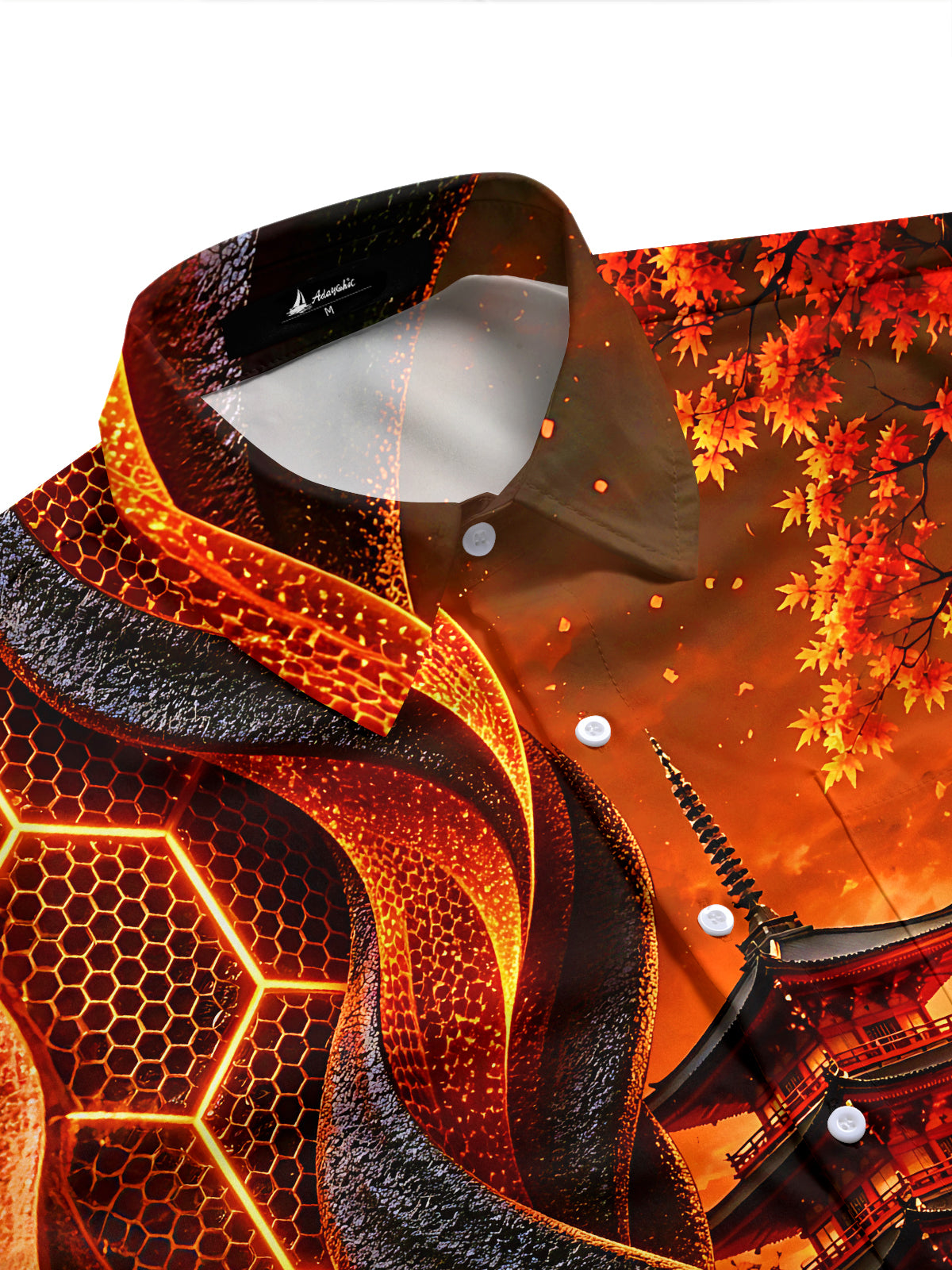 Adaychic Men's Graphic Ancient Temple Print Maple Leaf Print Short Sleeve Shirt with Chest Pocket