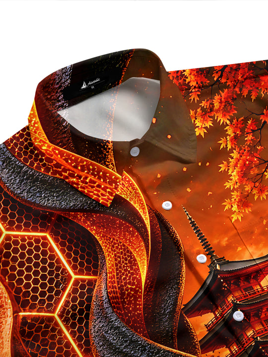 Adaychic Men's Graphic Ancient Temple Print Maple Leaf Print Short Sleeve Shirt with Chest Pocket