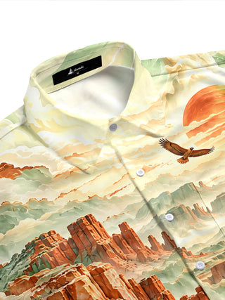 Adaychic Men's Short Sleeve Shirt - Desert Landscape With Red Rock Canyons And Agave Plants Print with Chest Pocket